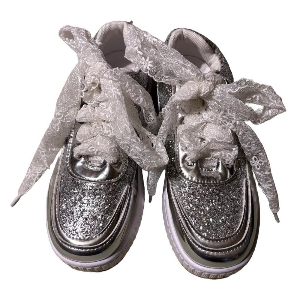 Silver Glitter Platform Sneakers Womens Size 7 Zip Lace Up Metallic Shoes